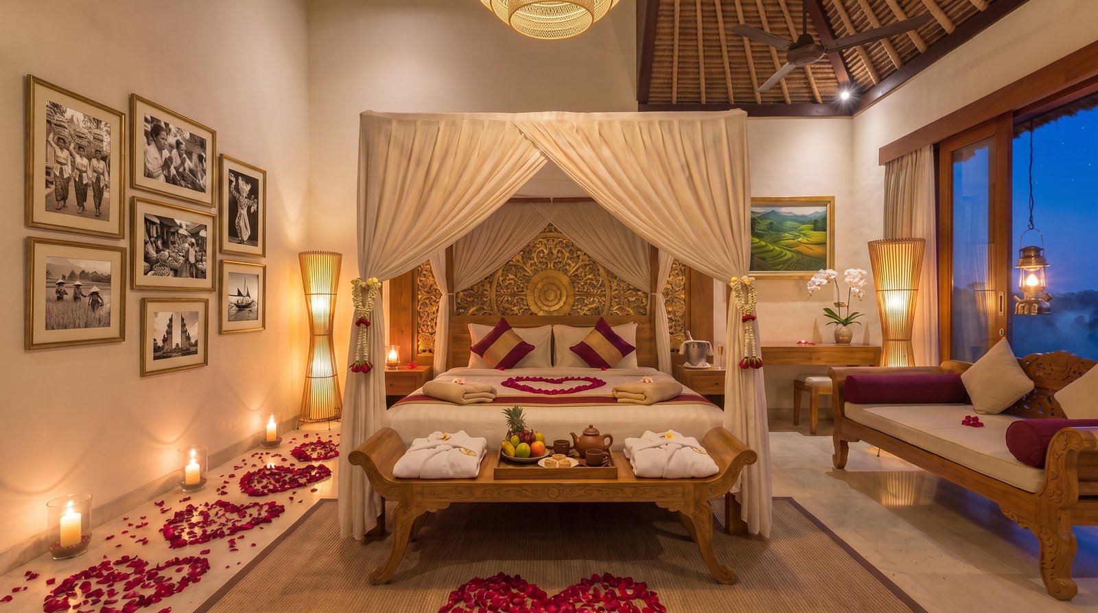 The honeymoon bedroom at Villa Rosavelle: a canopy bed with a heart of rose petals, candles along the floor and warm lamps.