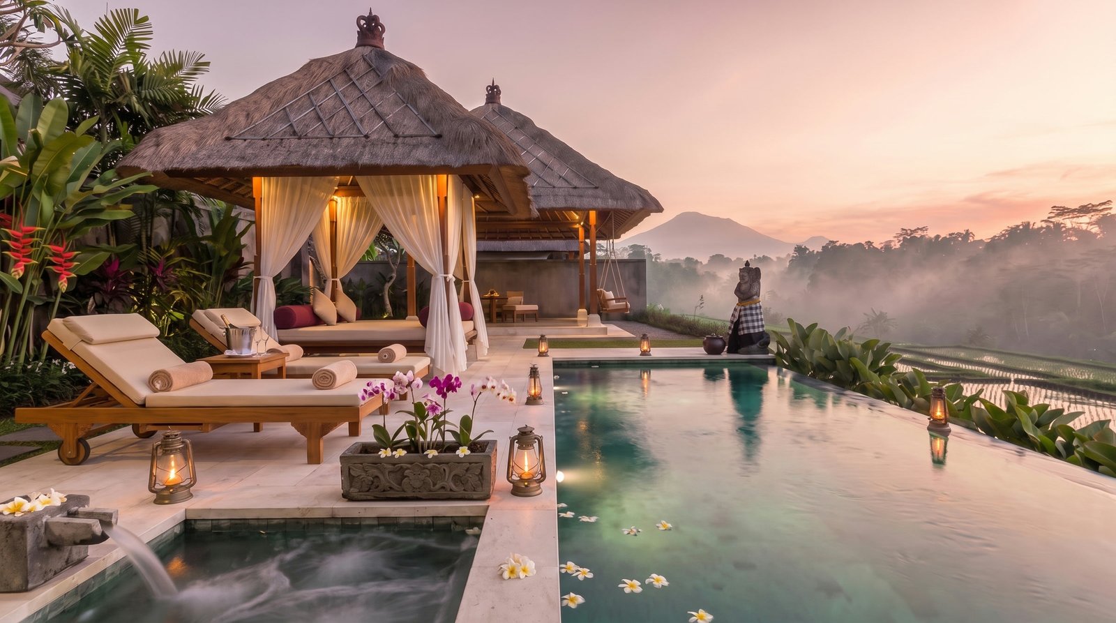 Dawn at Villa Rosavelle: a floating breakfast tray for two drifts on the private pool in front of the thatched pavilions, with the volcano and rice fields in the morning mist