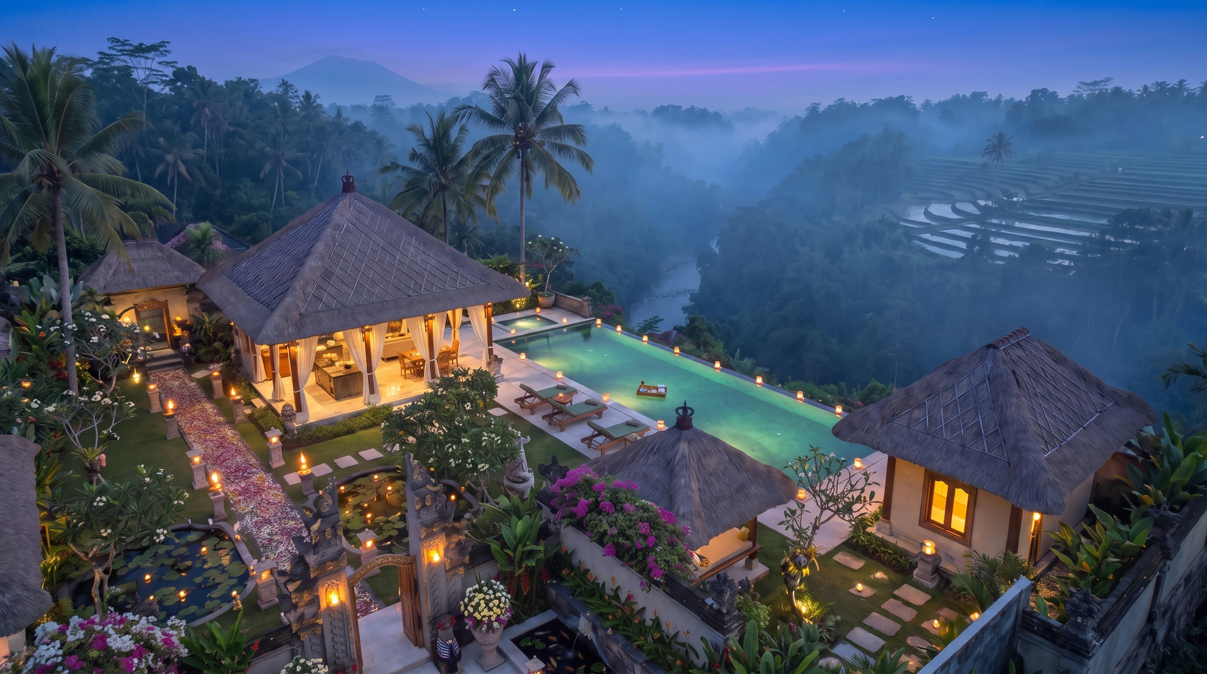 Villa Rosavelle from above at dusk: the lit open pavilion, the private infinity pool with the floating breakfast tray, the petal path and koi pond, and beyond them the misty gorge, rice terraces and the volcano.